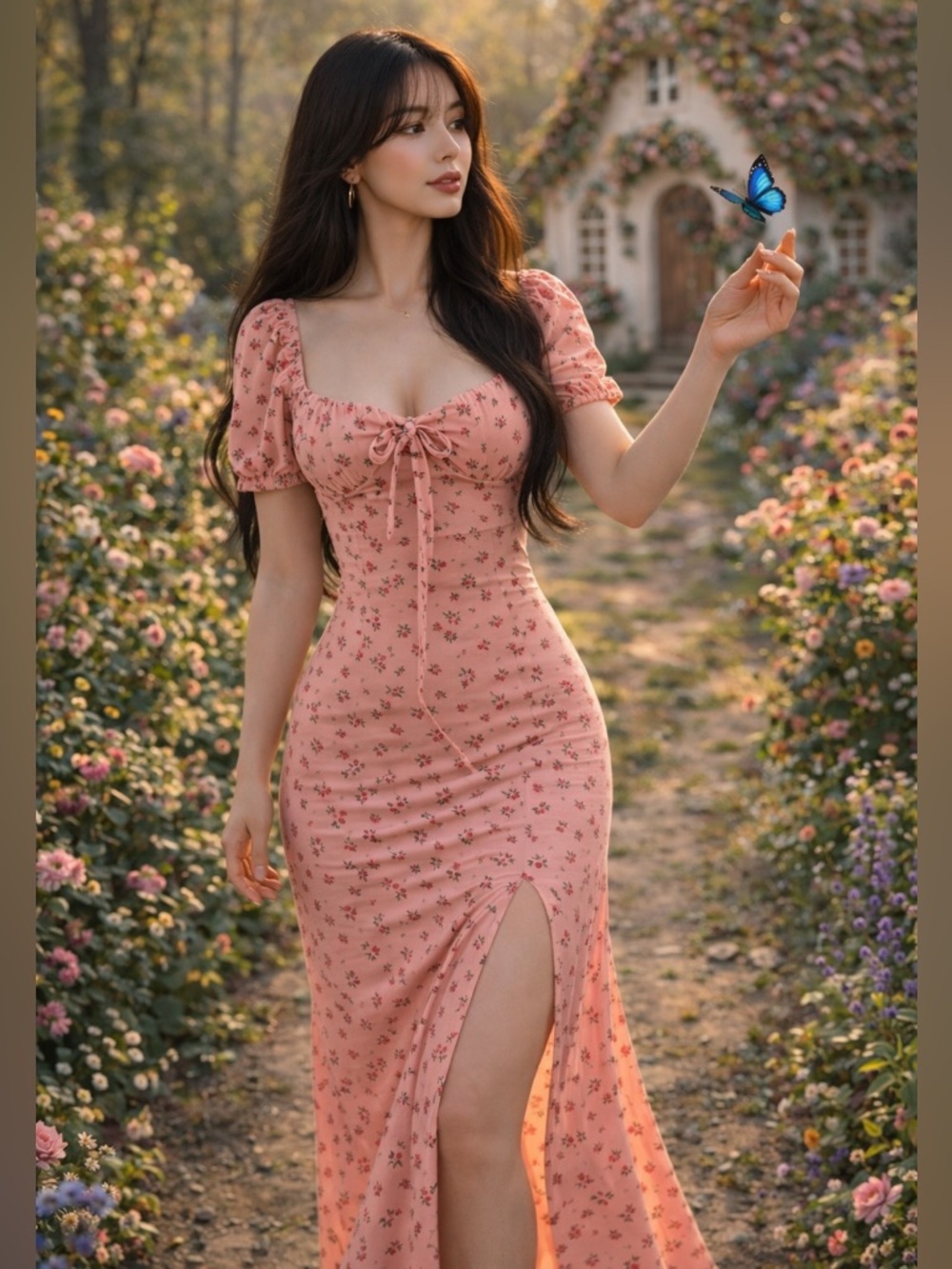 Missguided Flowers in my Heart milkmaid cottagecore floral maxi thigh slit dress